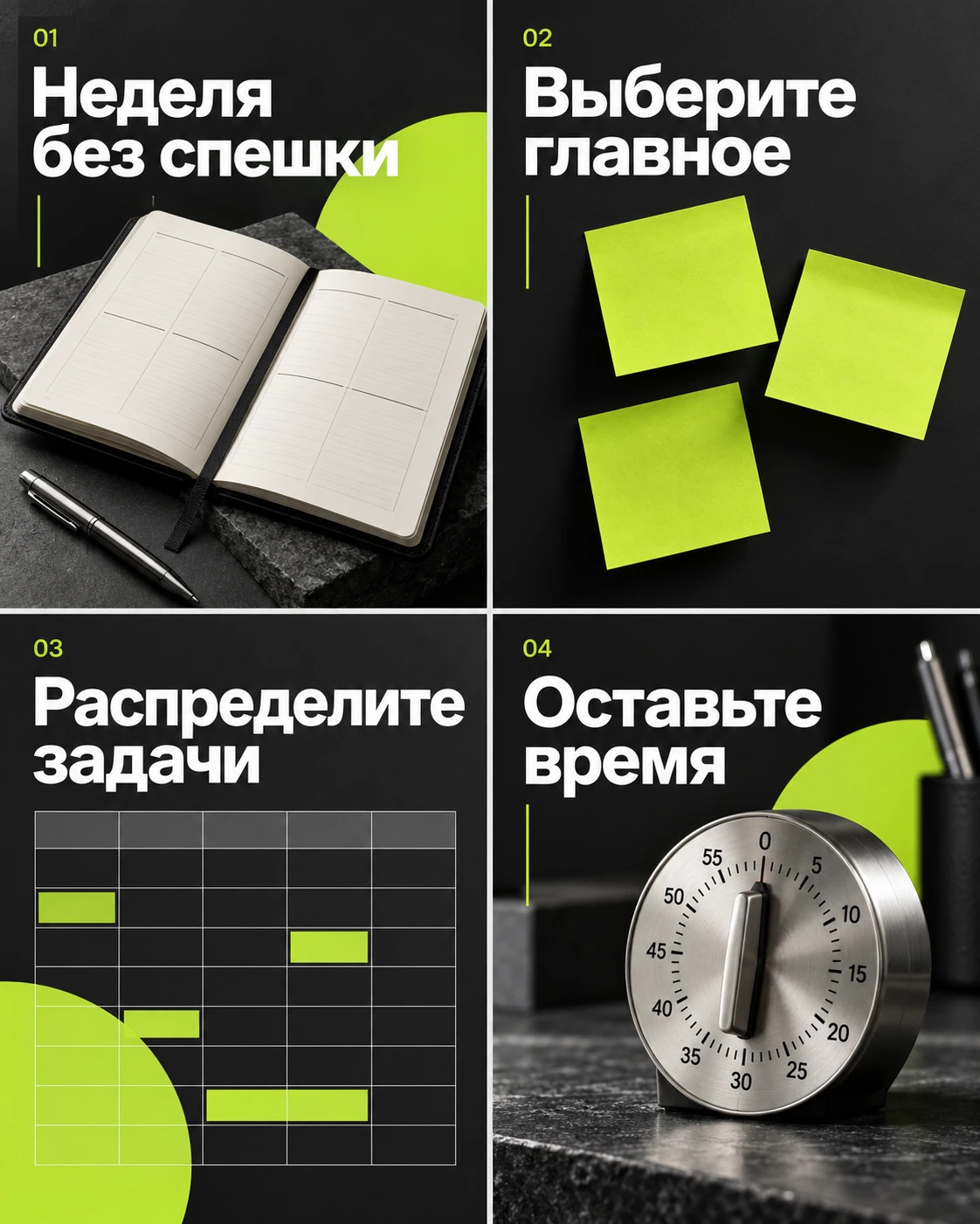 Пост-карусель «Неделя без спешки»: четыре карточки в едином стиле