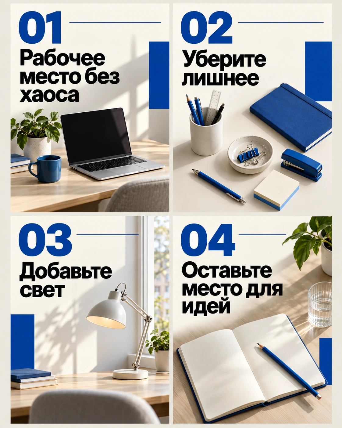Пост-карусель «Рабочее место без хаоса»: четыре карточки в едином стиле