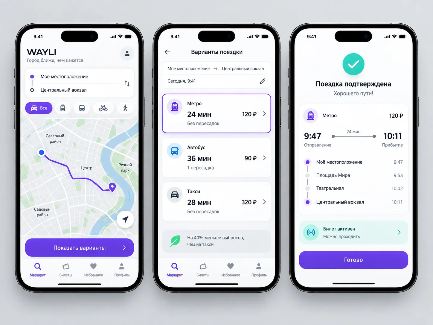 Три экрана UX-сценария приложения WAYLI для планирования городской поездки