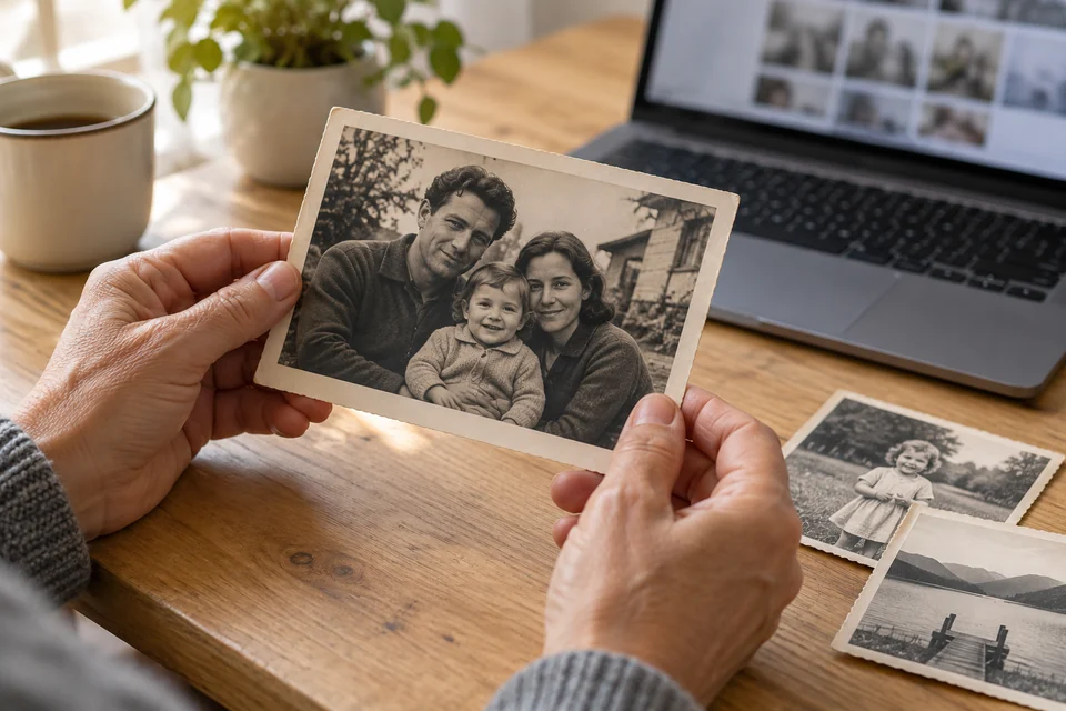 Руки держат семейную фотографию рядом с ноутбуком