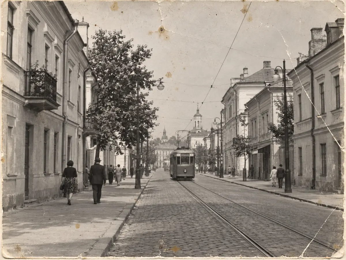 Архивный снимок городской улицы: исходник с дефектами